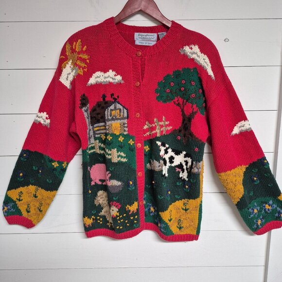 Northern Isles Sweaters - Vintage 1990s Hand Knitted Farm Theme Signature By Northern Isles Button Up 3D C